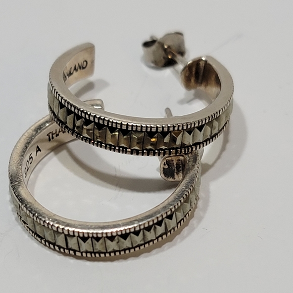 Sterling Silver Sparkly Marcasite Hoop Earrings - Picture 3 of 5